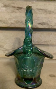 VINTAGE FENTON IRIDESCENT AQUA MARINE BASKET Beaded Holly 7” tall - Picture 1 of 6