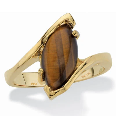 Marquise-Shaped Genuine Tiger's-Eye Yellow Gold-Plated Cocktail Ring - Image 1 of 4
