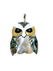 Owl Abalone Shell & Mother of Pearl Sterling Pendant 1.75" x 1.5" Necklace - Picture 1 of 7