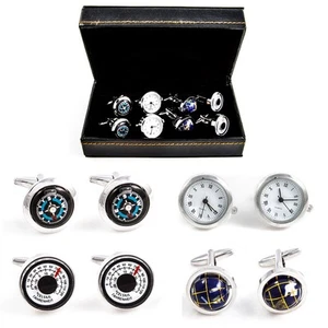 MRCUFF Traveler Working Watch Thermometer Compass Globe 4 Pairs Cufflinks Boxed - Picture 1 of 7