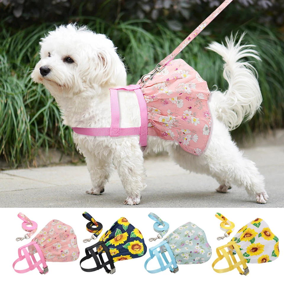 Pink Dog Dress Harness Leash Set Mesh Puppy Vest Skirt with Cute Flower Pattern - Image 1 of 4