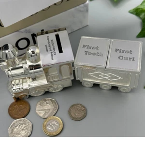 Personalised Engraved Train Money Box Christening Birthday Gift For Baby Boy - Picture 1 of 5
