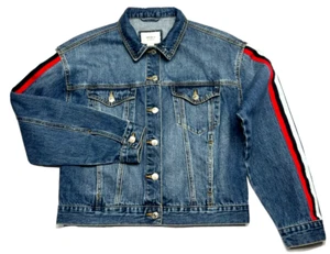 Forever 21 Trucker Jean Jacket Womens (L) Blue Racing Stripes Flap Pockets - Picture 1 of 5