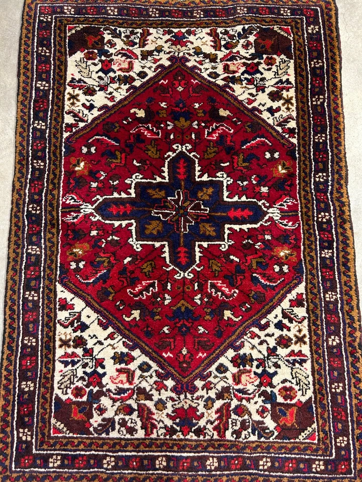 3'x4'6" Hand-Knotted Wool Geometric Herize Area Rug - Handmade 3x4 Tribal Carpet - Image 1 of 4