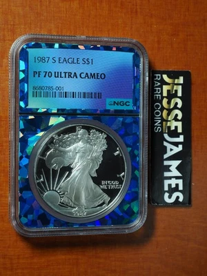 1987 S Proof Silver Eagle NGC PF70 Ultra camafeo núcleo de lámina de prisma azul Foto 1 de 2