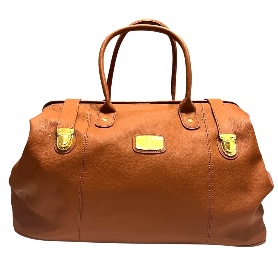 Bolso de Viaje de Lona de Cuero con Herrajes Dorados Joy Mangano Weekender Coñac Foto 1 de 4