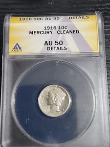 1916 Mercury Dime Silver AU50 Details ANACS Silver Free Shipping - Picture 1 of 2