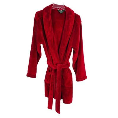 Bata Woolrich para mujer L rojo rubí felpa polar bolsillos con cinturón hasta la rodilla salón Foto 1 de 4