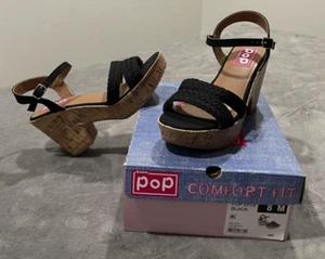 Pop Comfort Fit Women's Strappy Wedge Cork Sandal Shoe Black 8 Medium Rope Strap - Picture 1 of 7