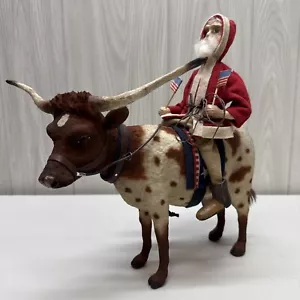 Papel maché de algodón primitivo Craig Yenke C. Yenke Co. Texas Longhorn Santa - Imagen 1 de 24