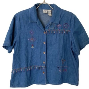 Vintage Denim Button Down Shirt Colorful Beaded Embroidered Boho Women’s L - Picture 1 of 13