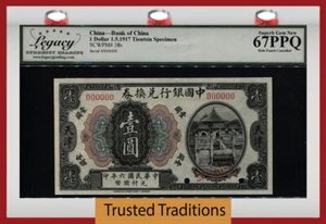 TT PK 38s 1917 CHINA 1 DOLLAR SPECIMEN LCG 67 PPQ SUPERB GEM NEW NONE FINER - Picture 1 of 2
