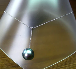14mm!! COLLAR DESLIZANTE TAHITÍ PERLA NEGRA 100% SIN TRATAR +18 ct ORO BLANCO - Imagen 1 de 2