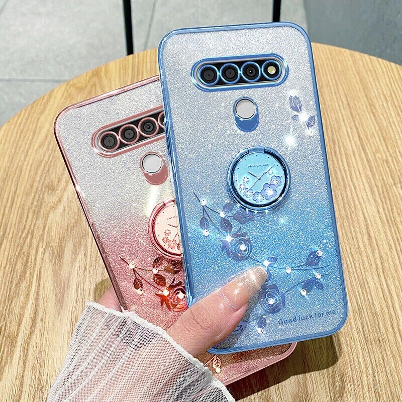 For LG Stylo 6/ K51, Fashion Clear Bling Glitter Ring Holder Stand Case Cover - Image 1 of 4