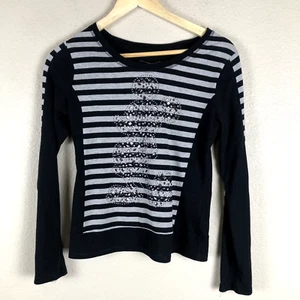 Mickey Mouse Disney Shirt Girls Medium Black Grey Striped Beaded Crew Casual - Picture 1 of 20