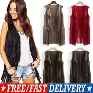 Fashion Women Faux Suede Ethnic Sleeveless Tassels Fringed Vest Cardigan Coat US - Picture 1 of 19
