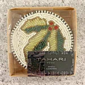 Tahari Home NIB Christmas Beaded Holly Berry Leaf Set of 4 Coasters Made India - Picture 1 of 10