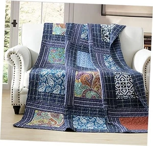 Size Patchwork Quilt Original Cotton Quilted Throw Blankets Twin Navy Paisley - Picture 1 of 8