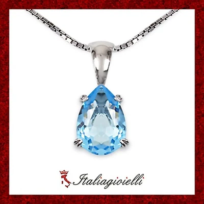 Collana Goccia Brillante con Topazio Oceano in Argento 925 Rodiato Oro Bianco - Immagine 1 di 4