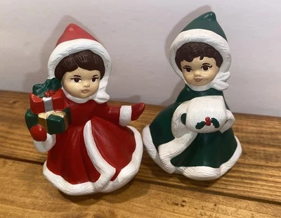 Рождественский девочек винтажные фигурки набор из 2 расписной праздник декор красный и зеленый - Изображение 1 из 4