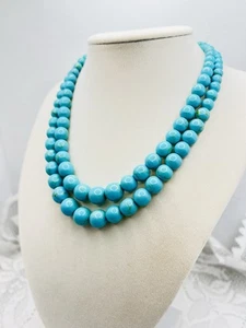 Vintage 14Kt Gold Clasp Turquoise Dyed Howlite Beads Double Strand Necklace - Picture 1 of 10