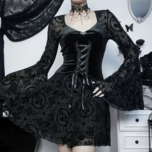 Women Gothic Dress Vintage Bodycon Dress with Draped Design Fashion Long Skirt - Picture 1 of 11