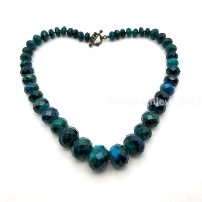 Chrysocolla Knotted Necklace 19" Graduated Faceted Beads Silver Toggle Gift - Image 1 of 4