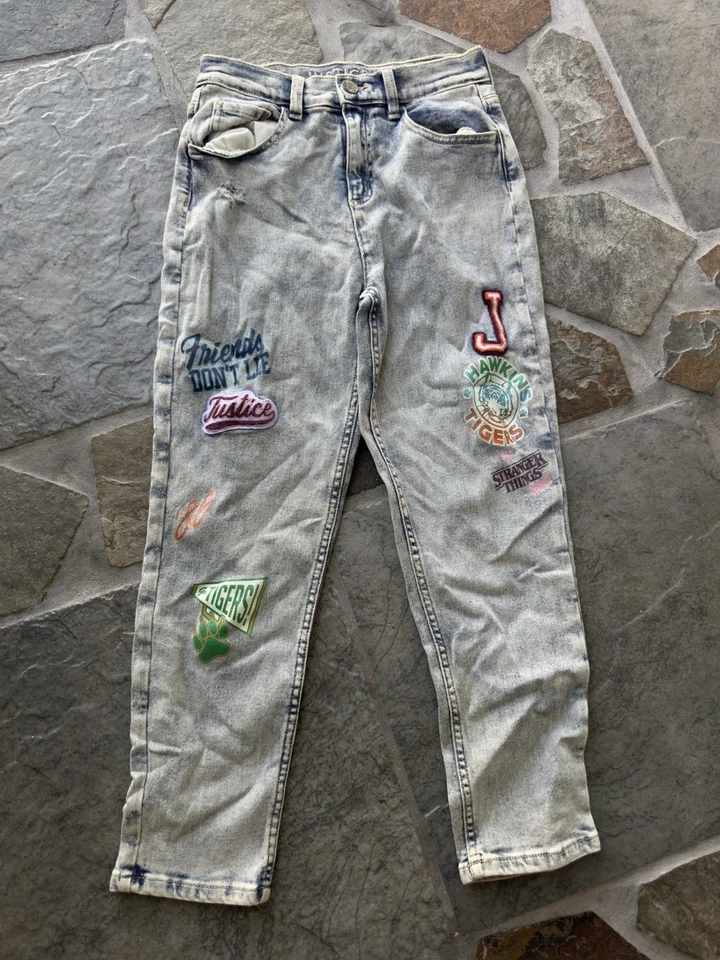 Justice X Stranger Things Denim Mini Mom Jeans Patched Girls Size 18 - Image 1 of 4