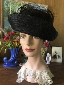 Vintage 1800’s/ 1900’s Finely Woven Straw Grosgrain Bow Ostrich Feather Hat - Picture 1 of 10