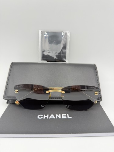CHANEL 4092-B Rimless Sunglasses Gold Frame Brown Lens Coco Mark