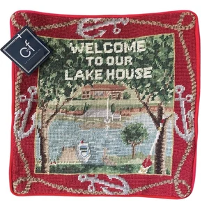 C&F Home Wool Needlepoint Welcome To Our Lake House Pillow Cover - No Insert NWT - Picture 1 of 9