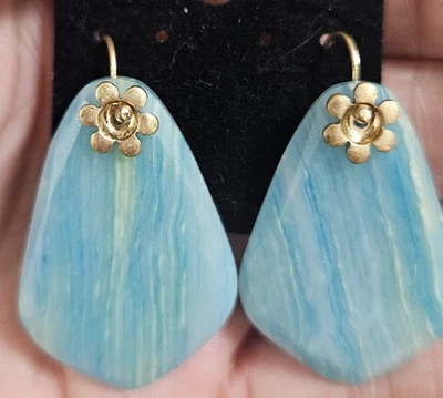 Pendientes Anthropologie Piedra Gota Turquesa Aqua $44 Plata Oro Flor  Foto 1 de 4