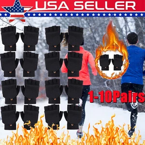 LOT Winter Knitted Gloves Convertible Fingerless Mitten Flap Cover for Men Women - Picture 1 of 14
