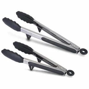 Kitchen Tong with Built-in Stand Food Tongs Set of 2 Stainless Steel & Silicone - Picture 1 of 9