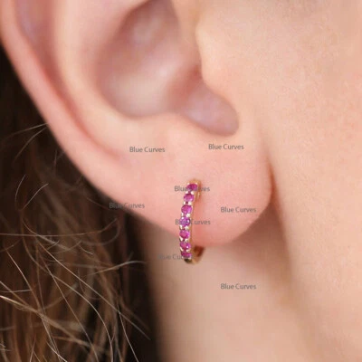 14k Solid Yellow Gold Ruby Gemstone Hoop Tiny Earrings Fine Women's Gift Jewelry - Image 1 of 2