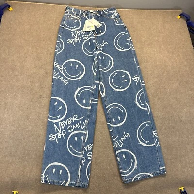 Pantalones de mezclilla Smiley x H&M para mujer talla 4 azules AOP Happy Faces Never Stop Smiling 32" NUEVO Foto 1 de 4