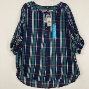 New Nine West size XL Blue Green Plaid Soft Rolled Tab Button Popover Tunic - Picture 1 of 10