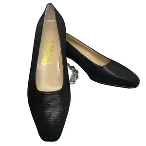 Salvatore Ferragamo Black Suede Pebble Leather Pumps Square Toe  Size 9 1/2 B - Picture 1 of 19