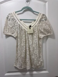 Camicetta donna Hinge Nordstrom in pizzo ricamato XXS manica corta, nuova con etichetta - Foto 1 di 8