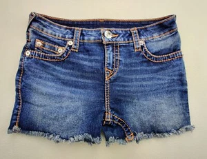 True Religion Girls Sz 14 Blue Wash Cutt-Off Denim Stretch Orange Stitch Shorts - Picture 1 of 10