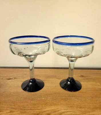 Vasos Margherita Soplados a Mano Mexicanos (2) Borde y Base Azul Cobalto 6.75" Ht 5" D Foto 1 de 4