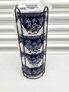 Temptations Blue Floral Lace Bowls With Lids set of 4 With Holder.New - Picture 1 of 8