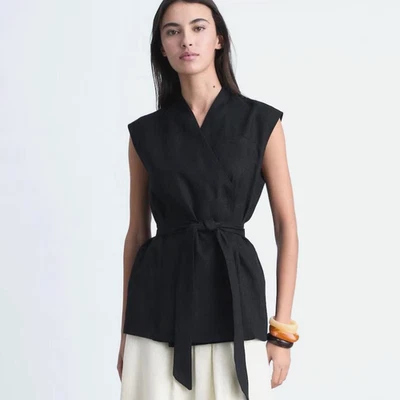 Mango MNG Women's LINO Linen Double Breasted Belted Vest Black size M - Image 1 of 4