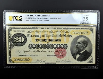 1882 $20 GOLD CERTIFICATE ✪ PCGS VF-25 ✪ FR 1178 SMALL RED SEAL NO COM ◢TRUSTED◣ - Image 1 of 2