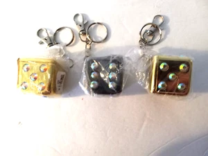 Set of 3 Unique Dice Key Chains 2 Gold One Silver NIP 1.5" Squared w/Rhinestones - Picture 1 of 1