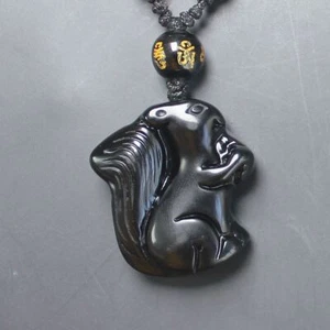 Cristal Natural Negro Obsidiana Ardilla Collar Colgante con Cadena Ajustable - Imagen 1 de 6