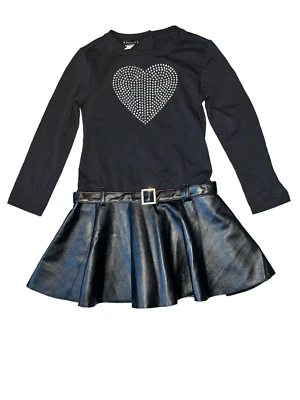 Kate Mack girls rhinestone heart faux leather belted long sleeve black dress 6 - Image 1 of 2