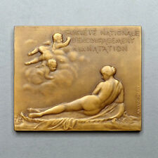 Female, Nude Woman and Chrubs. Swimming. French Large Bronze Medal by Andre Mery