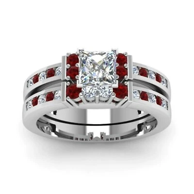Conjunto de anillo solitario apilable con detalles rojo transparente circonita cúbica alianza de boda Foto 1 de 3