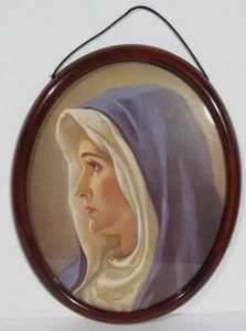 Vtg Virgin Mary Portrait Print Oval Cherry Wood Frame Gold 11” X 9” Germany - Picture 1 of 6